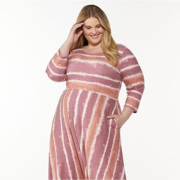 Cato Women's Plus Mauve Pink Tie Dye Flonce Striped Maxi Long Dress Size 14/16 - Picture 1 of 4